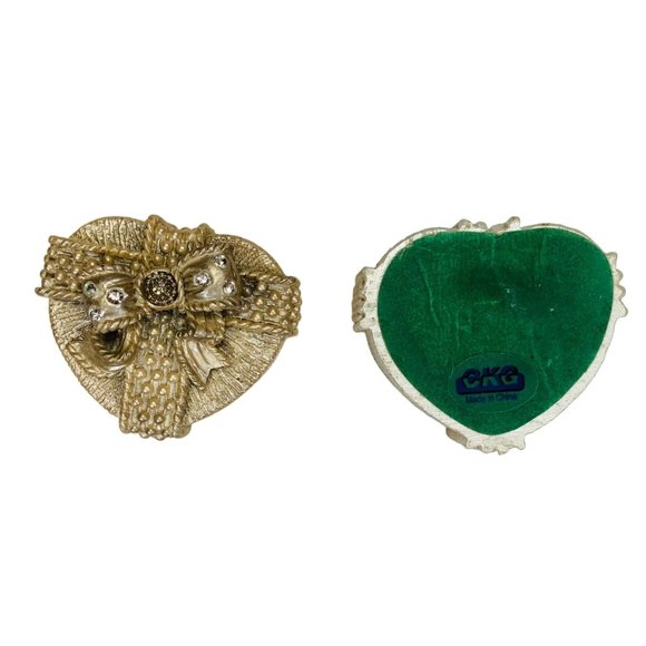 Santini Golden Heart Trinket Box Rhinestone 3" Palm Beach Regency Signed Stamp - Picture 10 of 14